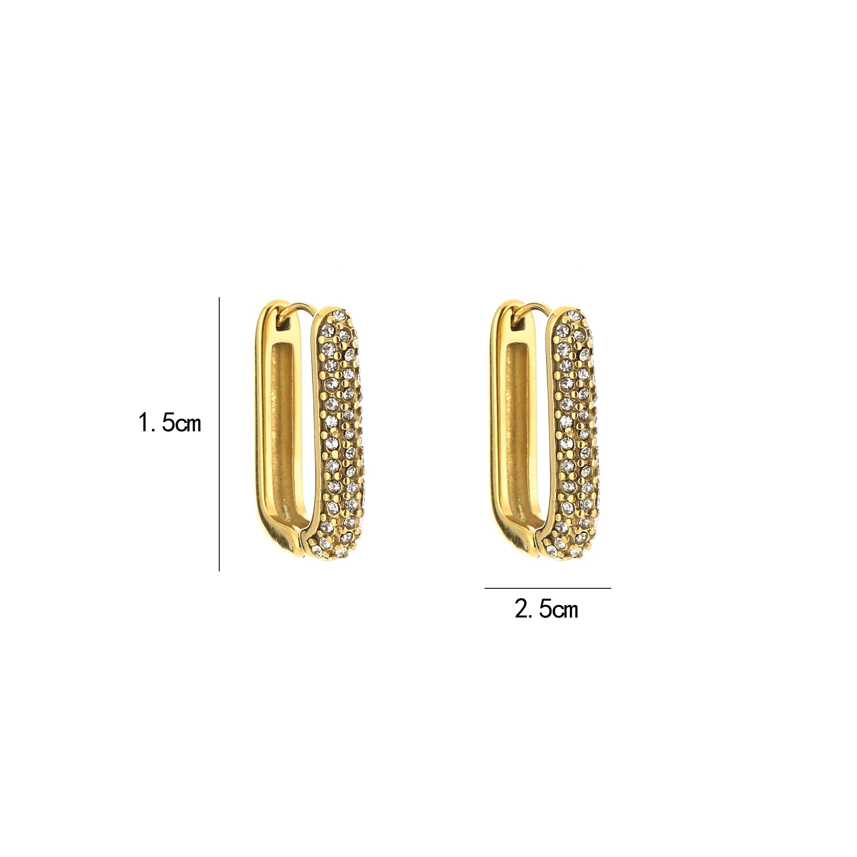 NOÉ gouden stainless steel oorbellen met rechthoekige vorm en zirkonia steentjes