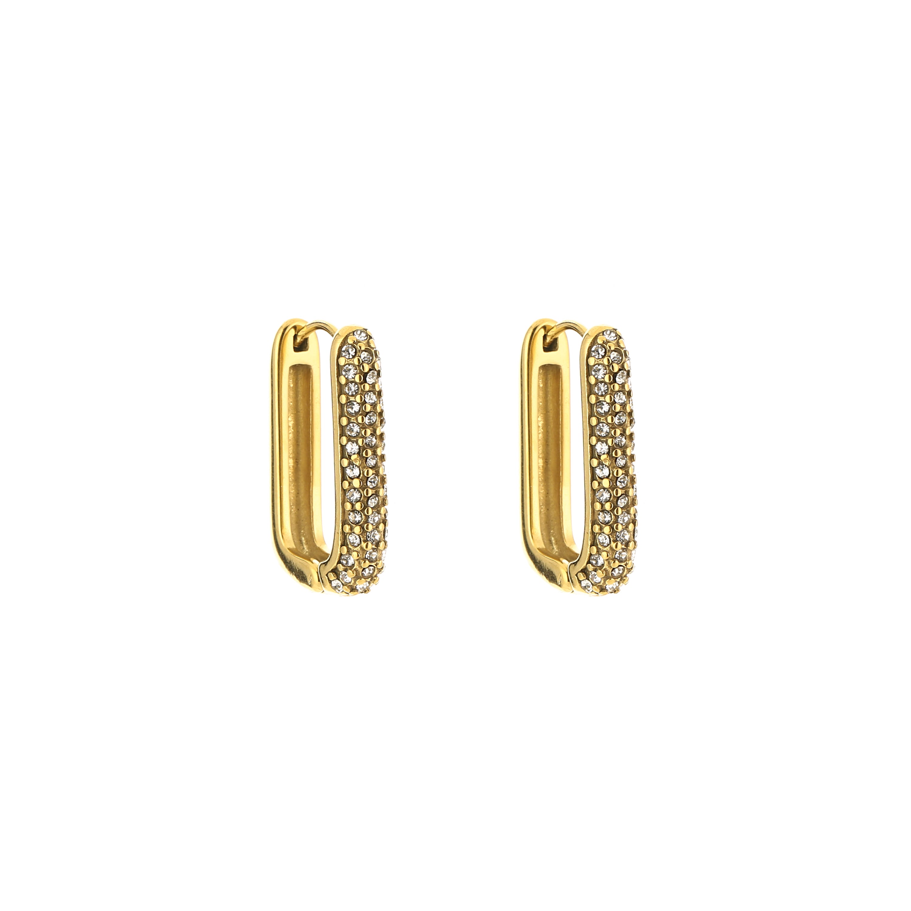 NOÉ gouden stainless steel oorbellen met rechthoekige vorm en zirkonia steentjes